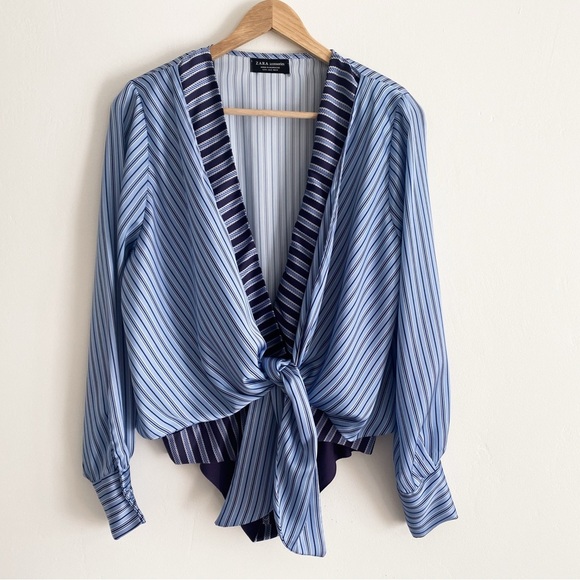 Zara Blue Striped Wrap Bodysuit, Size M - Picture 3 of 14